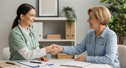Fototapeta premium Friendly young doctor shaking hands with senior female patient smiling