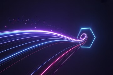 Abstract Technology Background with Neon Light Trails and Hexagonal Portal Glowing in Cyberpunk Style for Futuristic Digital Network and Data Flow Visualization