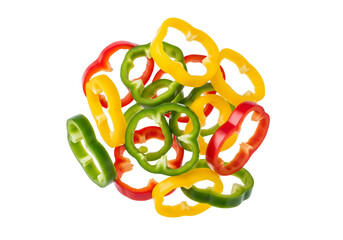 Vibrant Mixed Bell Pepper Rings Isolated on White - Fresh Red, Green, Yellow Slices for Healthy Recipes