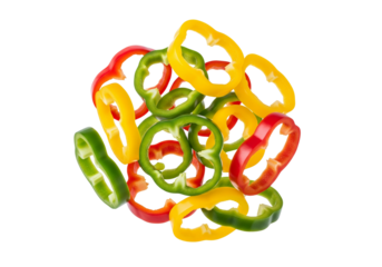 Vibrant Mixed Bell Pepper Rings Isolated on White - Fresh Red, Green, Yellow Slices for Healthy Recipes