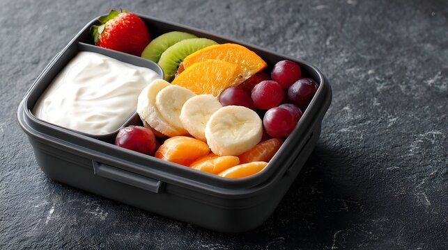 Lunch box with healthy yogurt and fruit slices on blackboard