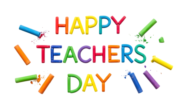 Happy teachers day text made of colorful clay letters and chalk pieces, isolated on transparent background