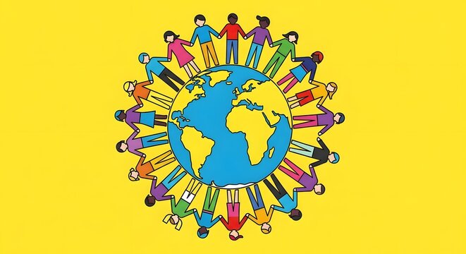 International Mother Language Day Global Unity A Symbolic Illustration of Diverse Individuals Holding Hands Around the Earth - Powered by Adobe