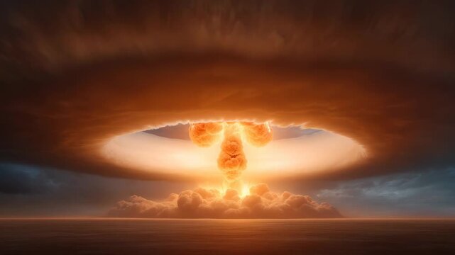 Massive thermonuclear detonation revealing devastating destructive potential with expanding mushroom-shaped cloud against barren landscape and turbulent atmospheric conditions