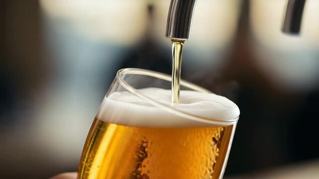 Close up of one fresh beer glass being poured from tap. Craft brewery bar setting for celebrating, party concept