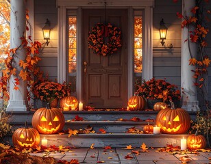 Obraz premium Generated image 灯るジャックオーランタンとキャンドルで彩られた秋のハロウィン玄関風景