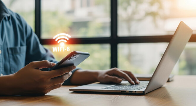 Man hand using a smartphone with new wifi 6, Wi-fi 6 is the next generation Wi-fi connectivity with high capacity, coverage and performance