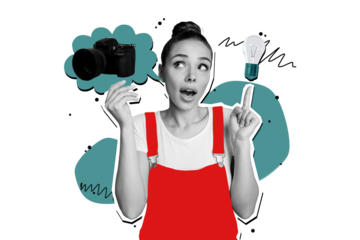 Composite photo collage of astonished girl find solution idea led light bulb want new camera device purchase isolated on painted background