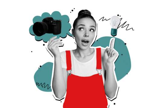 Composite photo collage of astonished girl find solution idea led light bulb want new camera device purchase isolated on painted background