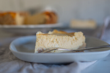 Homemade New York style cheesecake on white plate