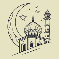 Beautiful mosque illustration with crescent moon and stars. Elegant Islamic architecture design perfect for Ramadan and Eid themes. Traditional religious artwork in vector style.