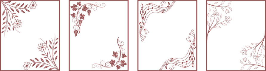 Obraz premium Elegant decorative frame borders with floral and musical designs. Vintage corner ornament illustration perfect for invitations, greeting cards, and stationery projects. Artistic border templates 