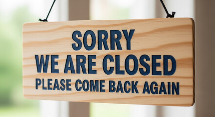 Rustic Wooden 'Sorry We Are Closed' Sign Hanging by Black Cords, Displaying a Friendly Message to Visitors Against a Light Background