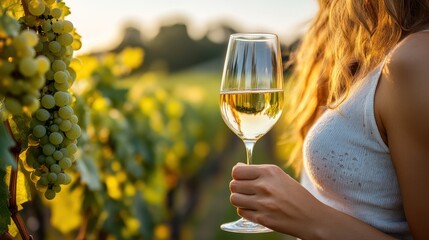 Woman holding glass of white wine in vineyard at sunset