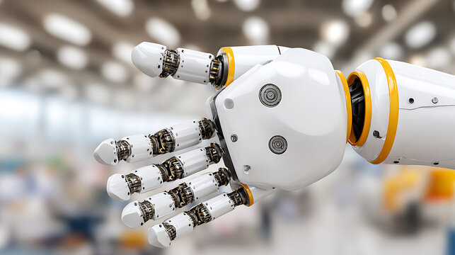 Close-up of a robotic hand with articulated fingers in a modern industrial setting