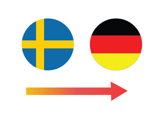 Sweden flag transitioning to germany flag with a red arrow indicating movement and change