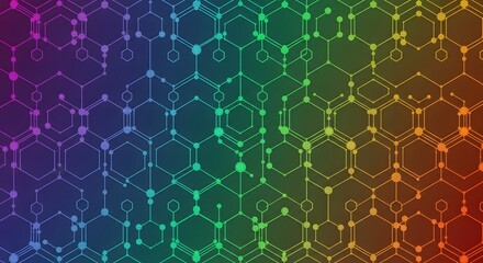 Abstract hexagonal network pattern with interconnected dots on a vibrant rainbow gradient background, representing technology and data.