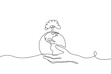 Continuous Line Illustration Of Hands Holding The World With A Tree Growing From It Together. Ideal for environmental campaigns and global responsibility themes.