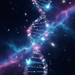 DNA molecule made of stars, galaxies and crystals against a background of stars and galaxies