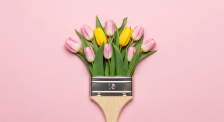 Whimsical Floral Artwork Featuring Pink and Yellow Tulips Blooming from a Paintbrush Against a Soft Pink Background, Symbolizing Creativity and Nature's Palette