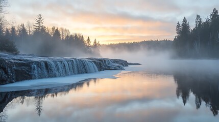 A mesmerizing winter landscape featuring a small waterfall cascading into a river, surrounded by snowcovered trees and a soft, pastelcolored sky at dawn