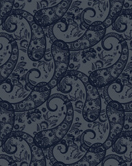 Abstract solid vector textile design, arrangement with dual-color big paisley pattern, all-over seamless pattern with purple and gray tone color illustration, digital image printing factory