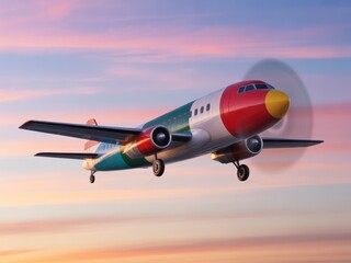 Fototapeta premium Colorful Propeller Airplane Flying Through a Sunset Sky