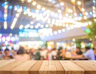 Wooden table in a blurred outdoor cafe setting