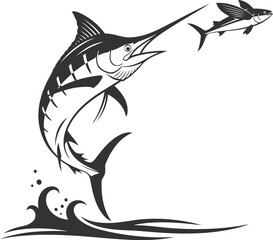 Jumping Marlin hunting flying fish vector logo