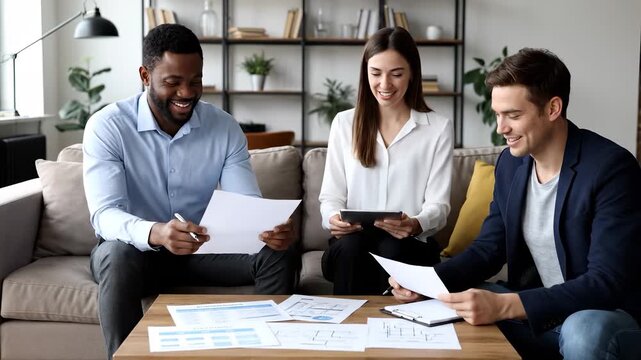 A man in a blue shirt, a woman in a white blouse, and another man in a blazer review papers as the man, woman, and man collaborate in an office setting. The man, woman, and man foc