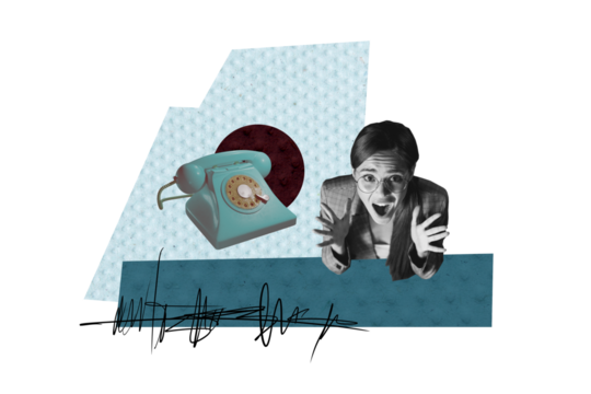 Creative collage picture young woman scream shout telephone landline vintage dial number support call center overloaded panic