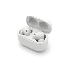 Wireless Earbuds Charging Case Open, White Headphones Inside, Isolated on White Background, High Angle View, Modern White Wireless Earbuds in Charging Case on White