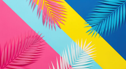 Bold Tropical-Inspired Design Featuring Color-Coordinated Palm Leaves Overlapping Diagonal Stripes of Pink, Blue, Yellow, and White in a Dynamic, Pop Art-Style Composition