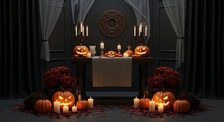 Obraz premium Spooky Halloween scene with carved pumpkins, candles, and dark decorations