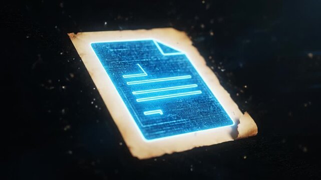Glowing Digital Document Icon on Futuristic Background with Blue Neon Design, Symbolizing Technology and Data Fusion of Historical and Modern Innovation
