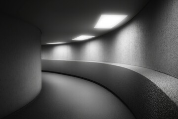 Brutalist concrete tunnel with curving modular segments. Abstract architectural background
