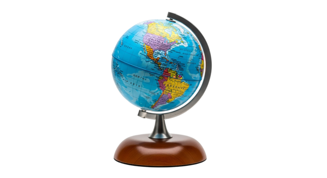World globe with stand isolated on transparent background displaying continents