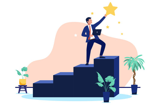 A determined business man with a laptop stands on top of a set of stairs, reaching up to grab a shining golden star in a flat design vector illustration