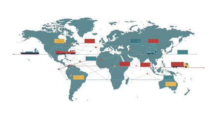 Stylized World Map with Cargo Icons and Red Trade Routes Representing Global Logistics and International Shipping Networks