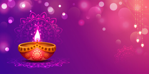 diwali festival colorful banner design with illustration of diya and bokeh effect background