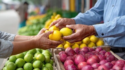 A vibrant fruit market scene where two people exchange lemons, surrounded by colorful produce, highlighting community and fresh food.