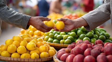 Two hands exchanging lemons at a vibrant market filled with various fruits, showcasing fresh produce and community interaction.