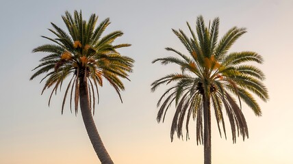 Two palm trees against a pastel colored sky create a tropical vibe