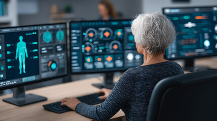 An older woman works at a desk with multiple computer monitors displaying medical data and health analytics.