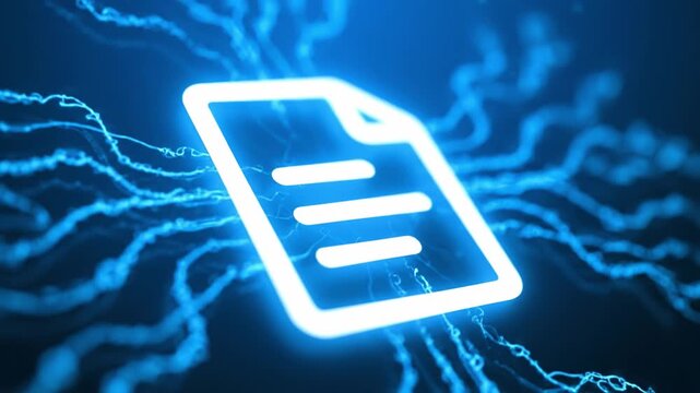 Glowing Digital Document Icon on Vibrant Blue Background with Abstract Electric Lines, Symbolizing Data, Technology, Connectivity, and Innovation in Futuristic Design