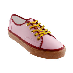 Pink canvas sneakers with mustard laces