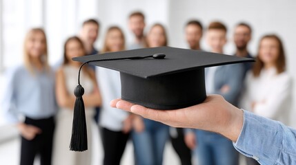A hand holds a graduation cap in focus while a group of graduates is blurred in the background, symbolizing achievement and celebration in education.