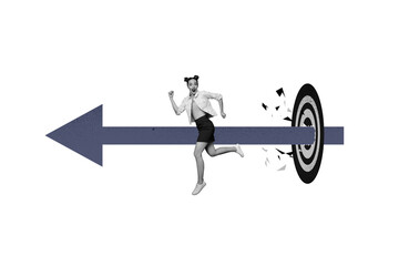 Creative image collage young energetic persistent employee woman run hit target break through arrow direction forward persistence