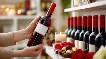 A hand holds a red wine bottle in front of a shelf lined with wine bottles, chocolates, and decorative items, creating a cozy, inviting atmosphere.