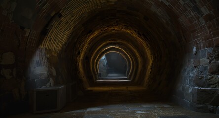 Obraz premium Stone tunnel, arched passageway, ancient architecture, mysterious corridor, dark interior, brickwork, stone walls, stairway, light at the end, underground passage, historical building, dungeon, c